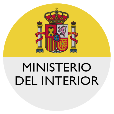 Logotipo del Ministerio del Interior español con escudo de armas sobre el texto 