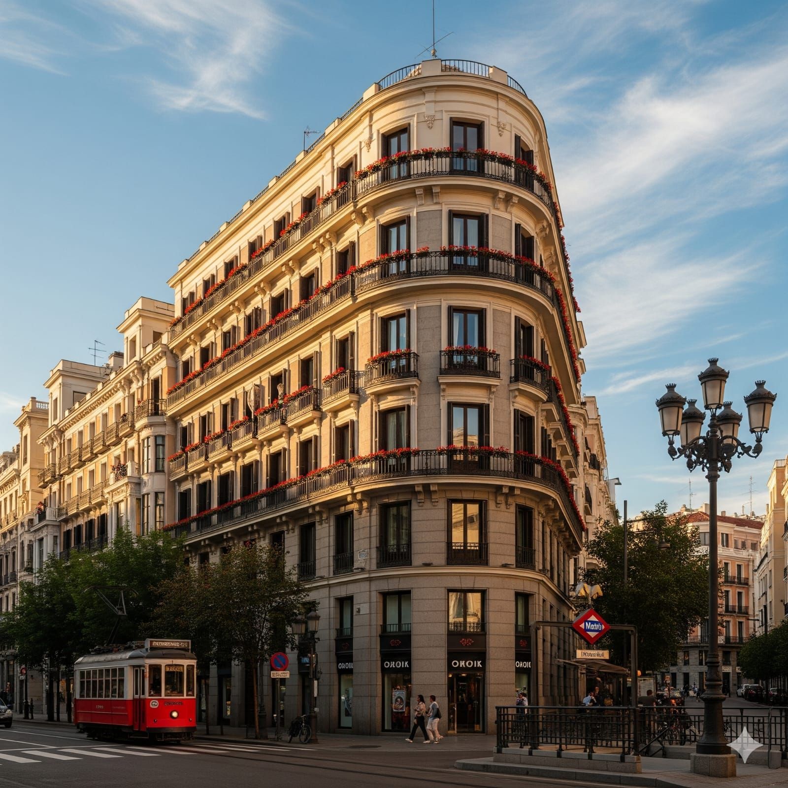 Elegante edificio en una esquina de Madrid, España, con un tranvía rojo.