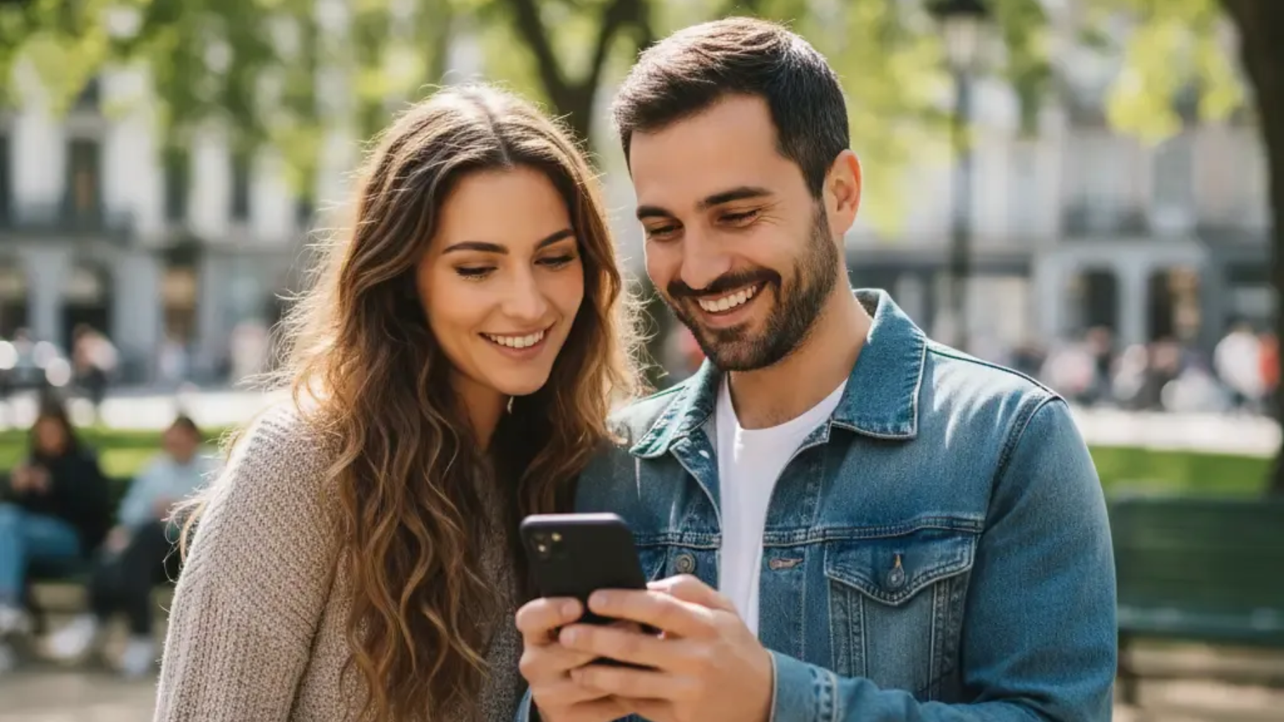 Pareja sonriente, mirando un teléfono inteligente al aire libre. El hombre lleva una chaqueta vaquera, la mujer un suéter. Un parque se ve al fondo.