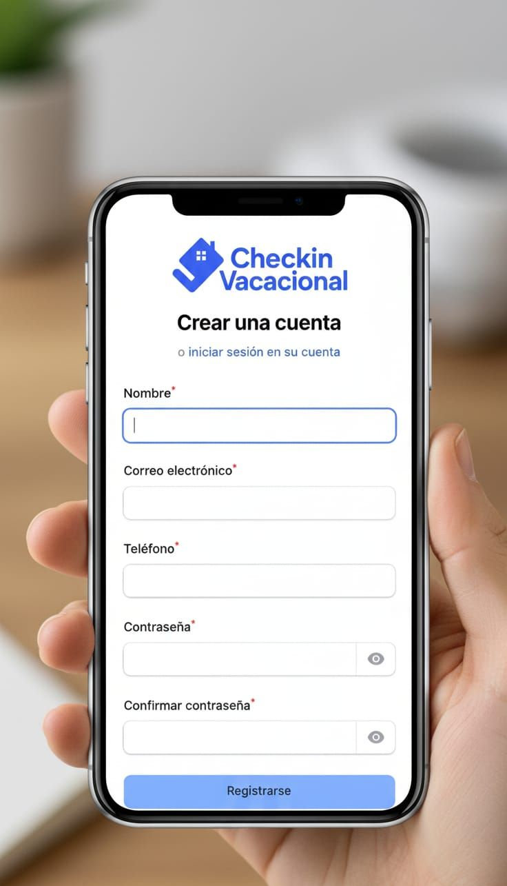 Mano sosteniendo un teléfono que muestra un formulario de registro de una aplicación para el check-in de vacaciones.