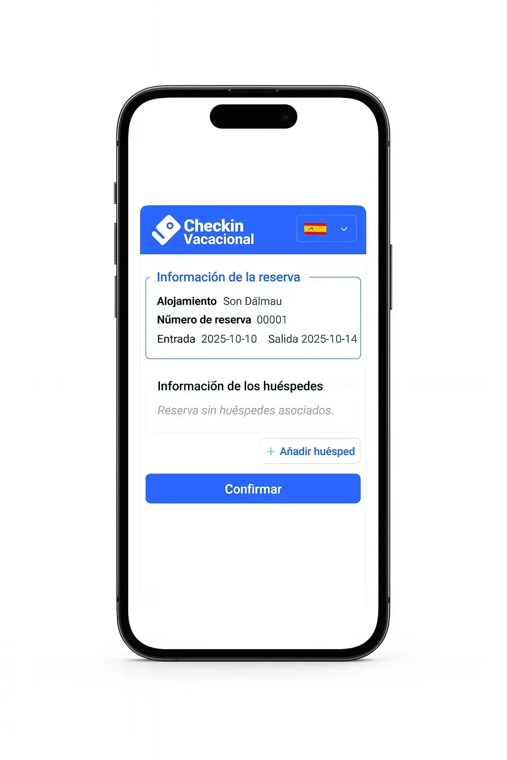 Un teléfono inteligente que muestra una pantalla de check-in para un alquiler vacacional en español.