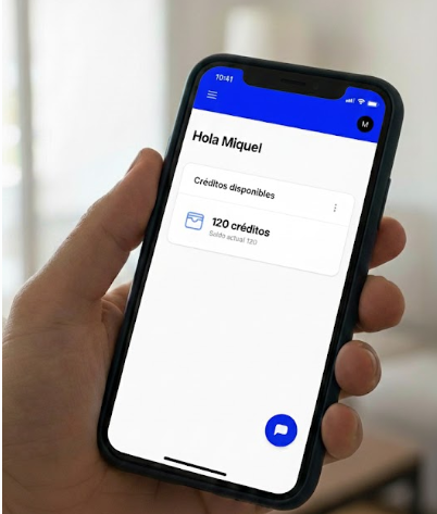 Mano sosteniendo un teléfono inteligente que muestra una aplicación.