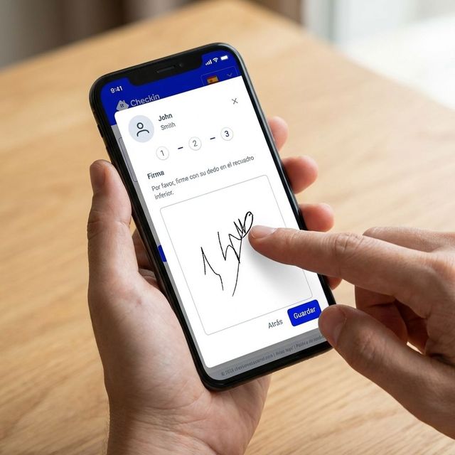 Una mano sostiene un smartphone y firma