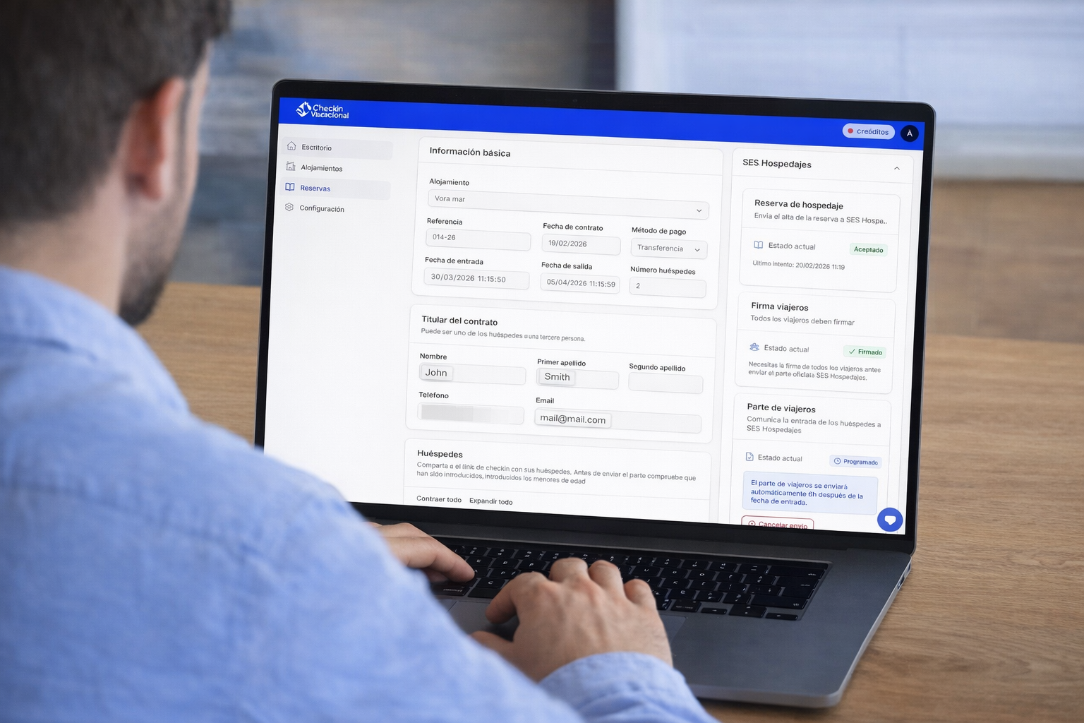 Panel reservas check-in vacacional