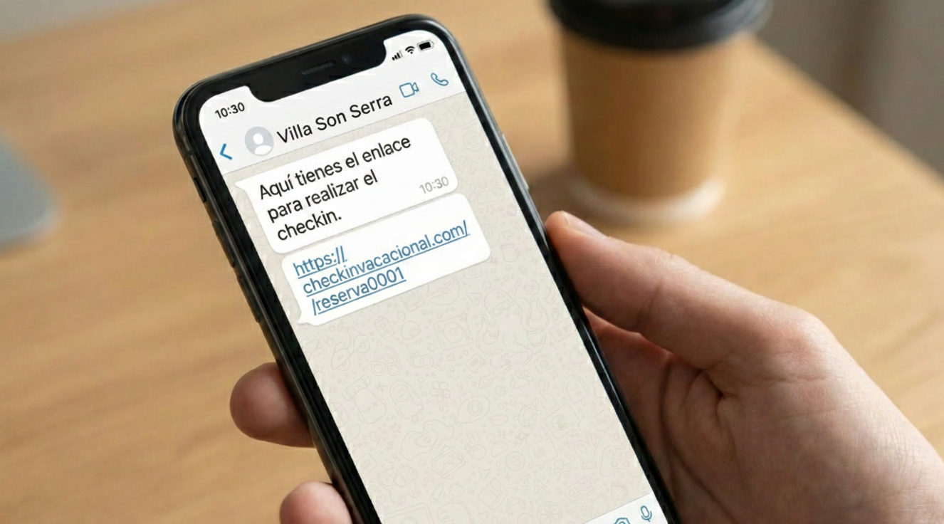 Una mano sostiene un smartphone con un mensaje de WhatsApp y un enlace. Detrás hay una taza de café.
