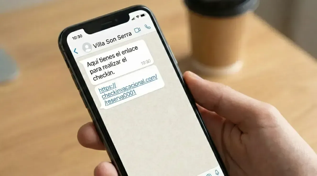 Una mano sostiene un smartphone con un mensaje de WhatsApp y un enlace. Detrás hay una taza de café.