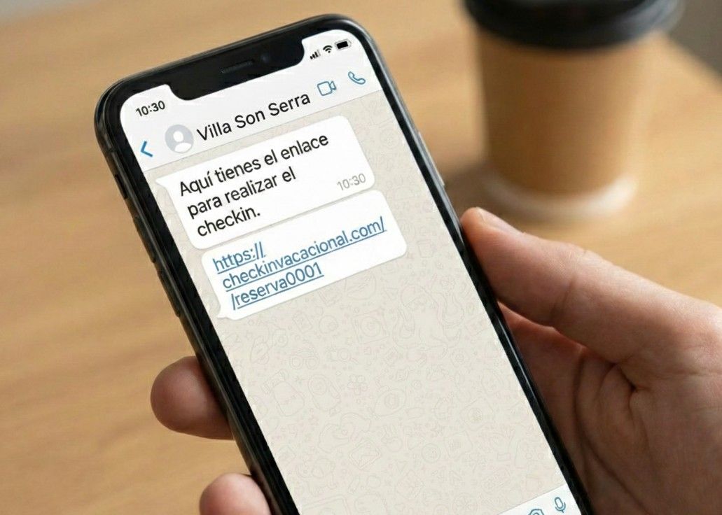 Una persona sostiene un teléfono que muestra un mensaje de WhatsApp con un enlace.