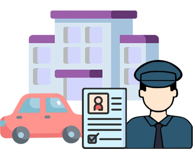 Edificio con coche, chofer con gorra y documento.