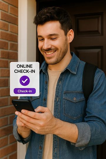 Hombre sonriendo, haciendo el check-in online con teléfono, de pie junto a la puerta con un cartel de 