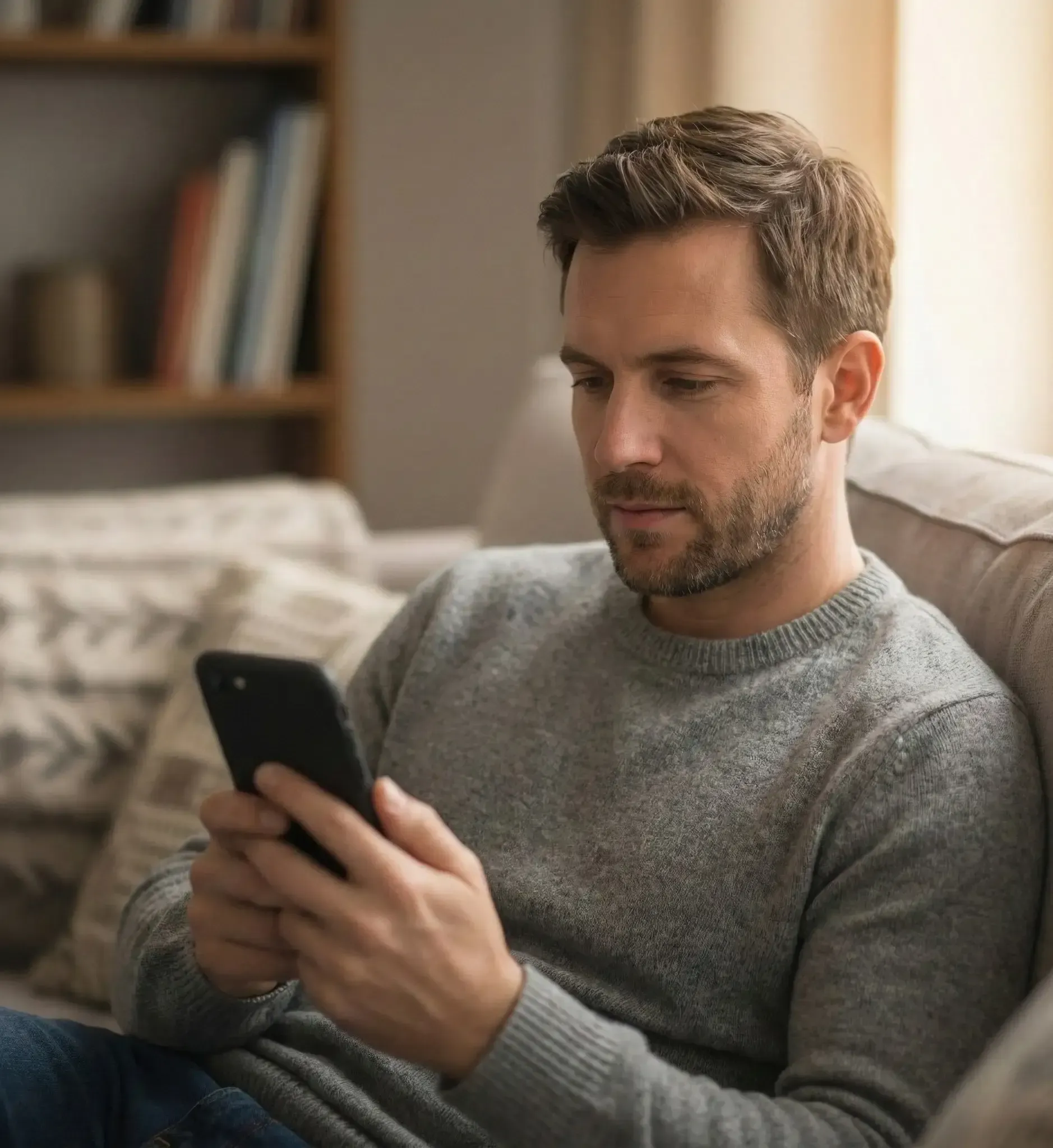 Hombre sentado en un sofá, mirando un smartphone. Lleva un suéter gris en una sala de estar.