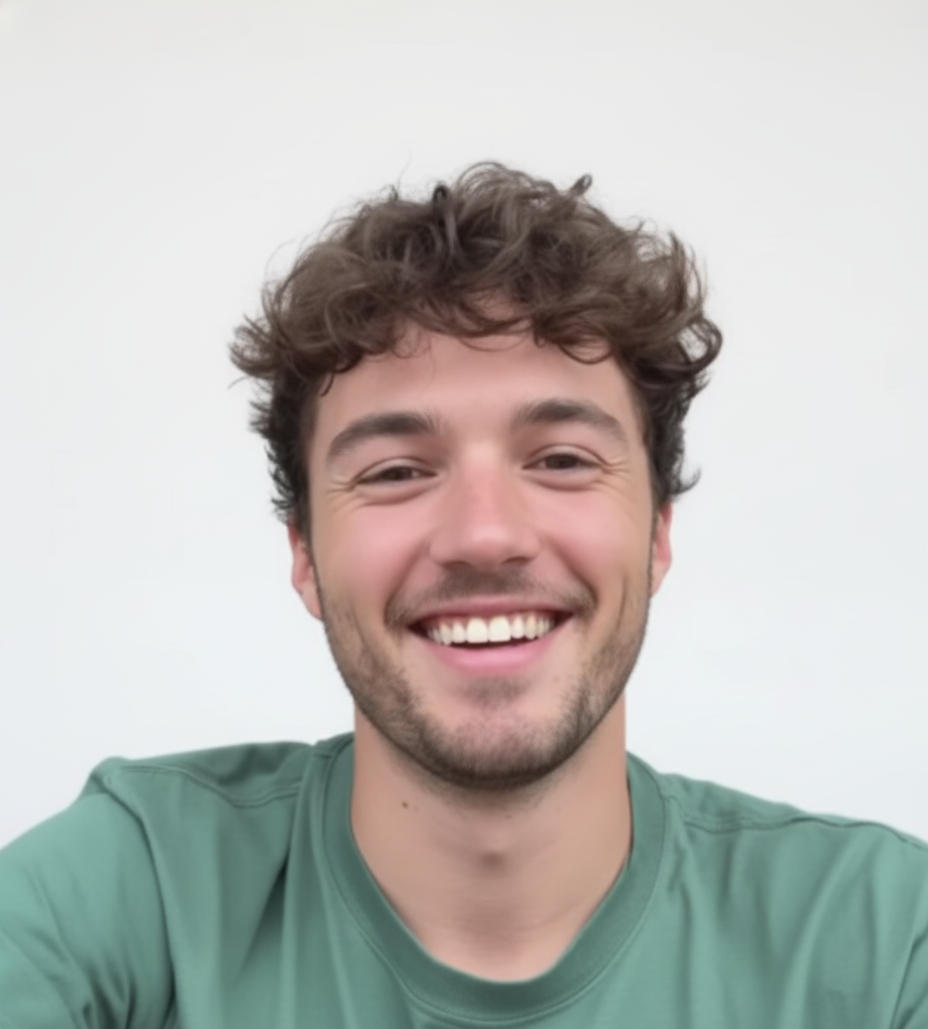 Hombre sonriente con los brazos cruzados, vistiendo una camisa azul, de pie contra una pared de hormigón.