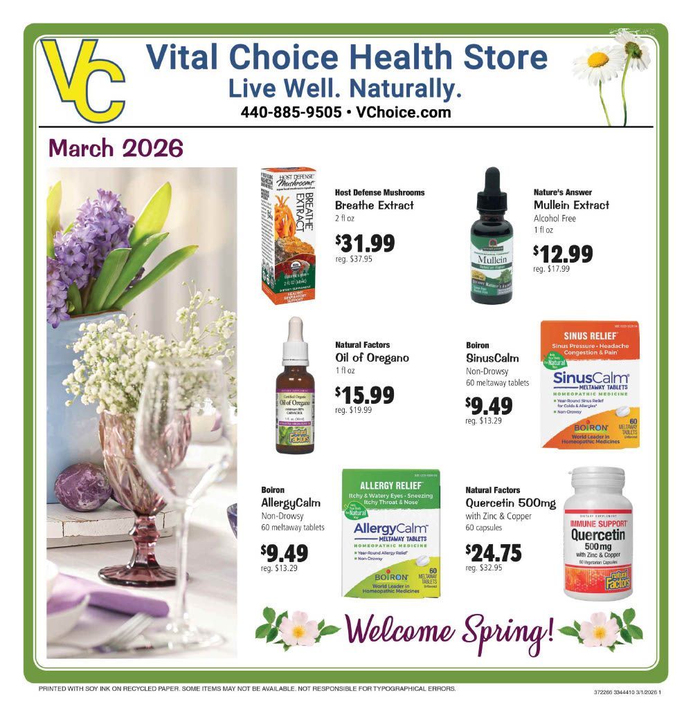 Advertisement for Vital Choice Health Store, featuring various supplements with prices.