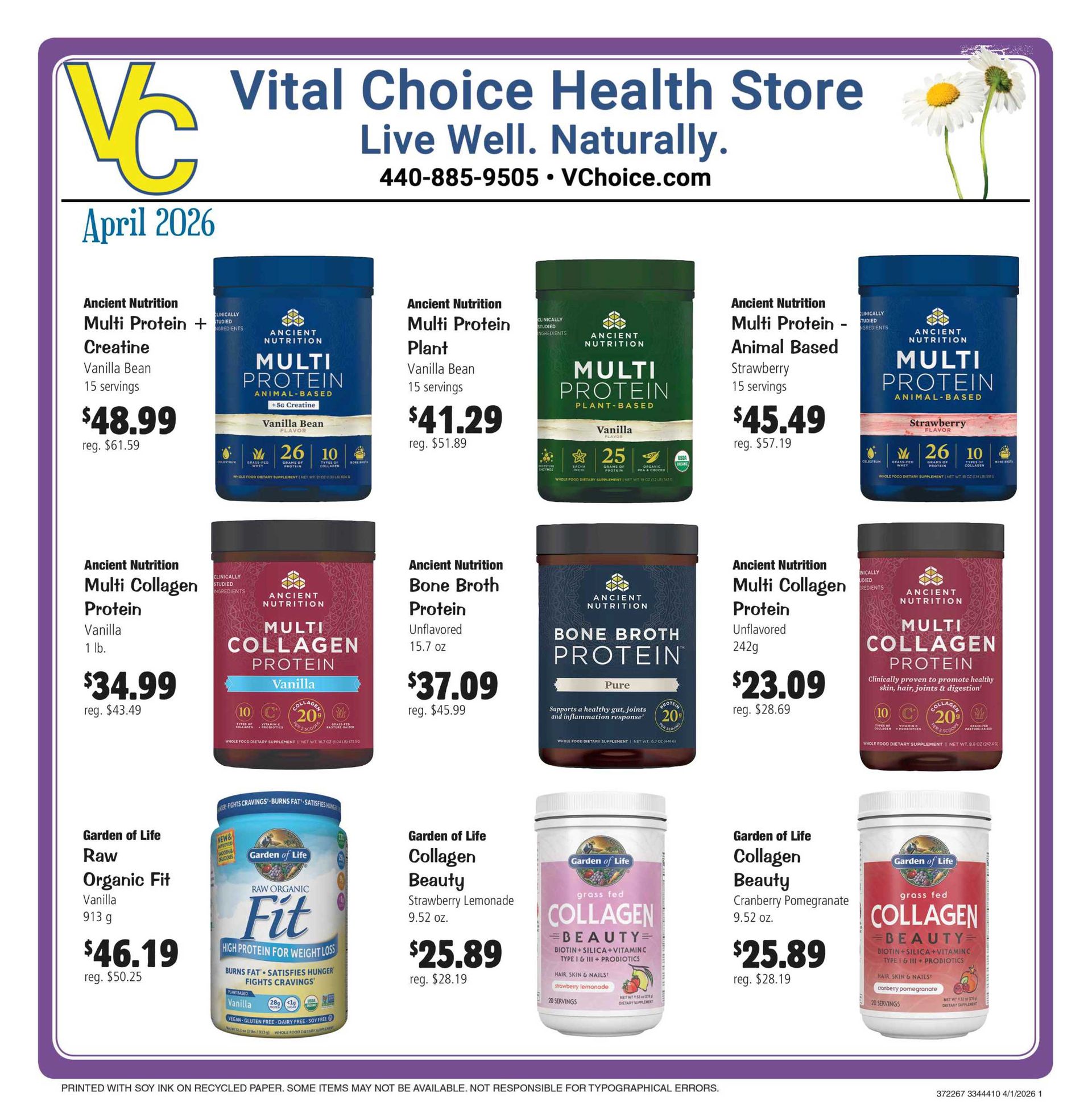 Advertisement for Vital Choice Health Store, featuring various supplements with prices.