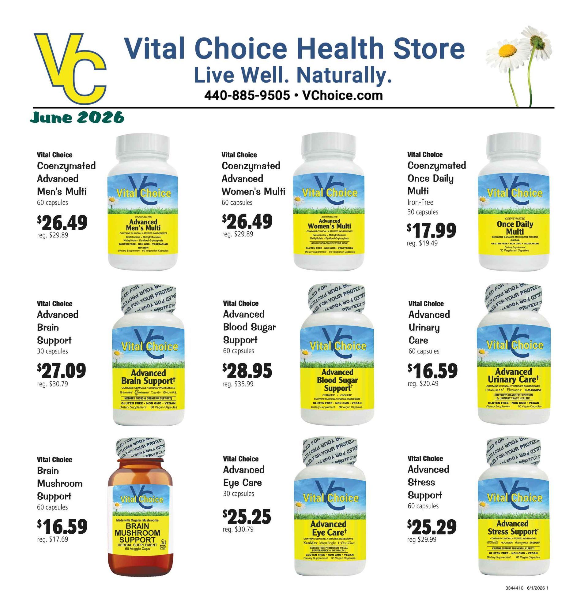 Advertisement for Vital Choice Health Store, featuring various supplements with prices.
