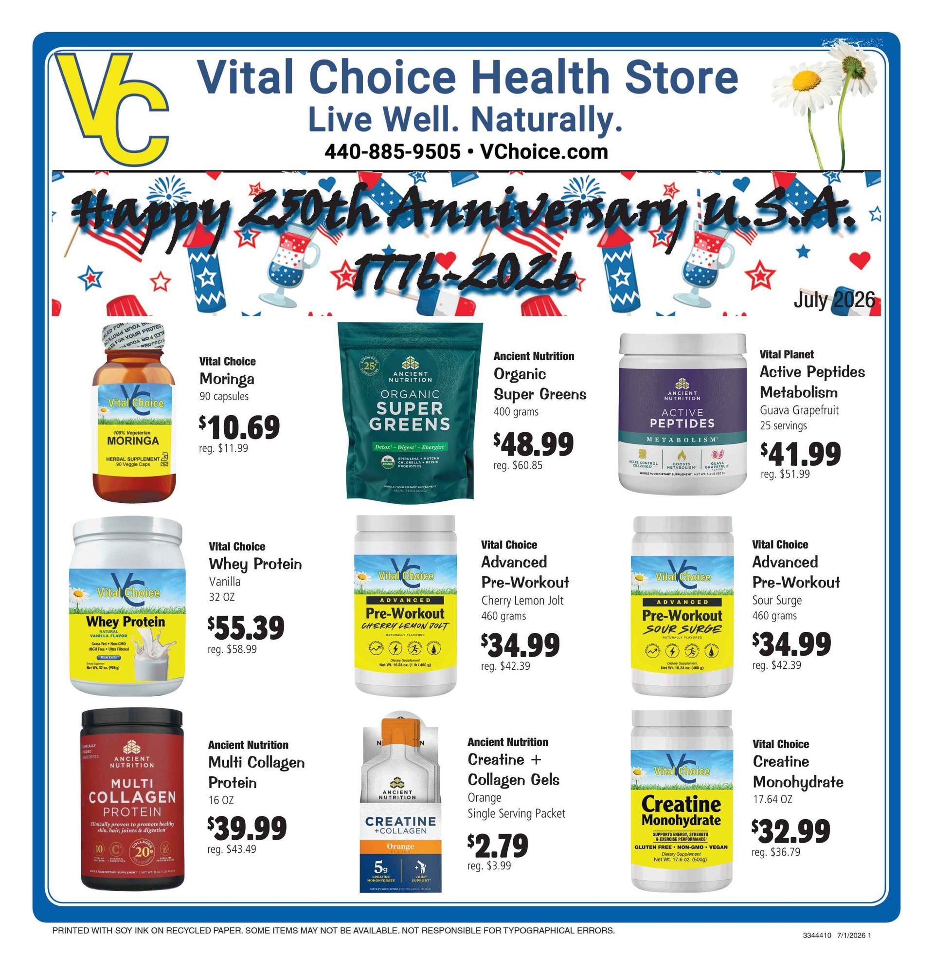 Advertisement for Vital Choice Health Store, featuring various supplements with prices.