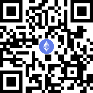 A black and white qr code with a blue circle in the middle