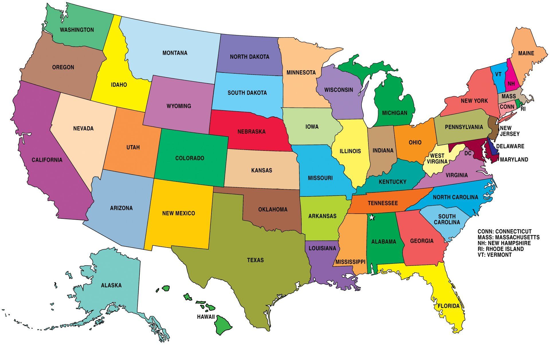 A colorful map of the united states of america