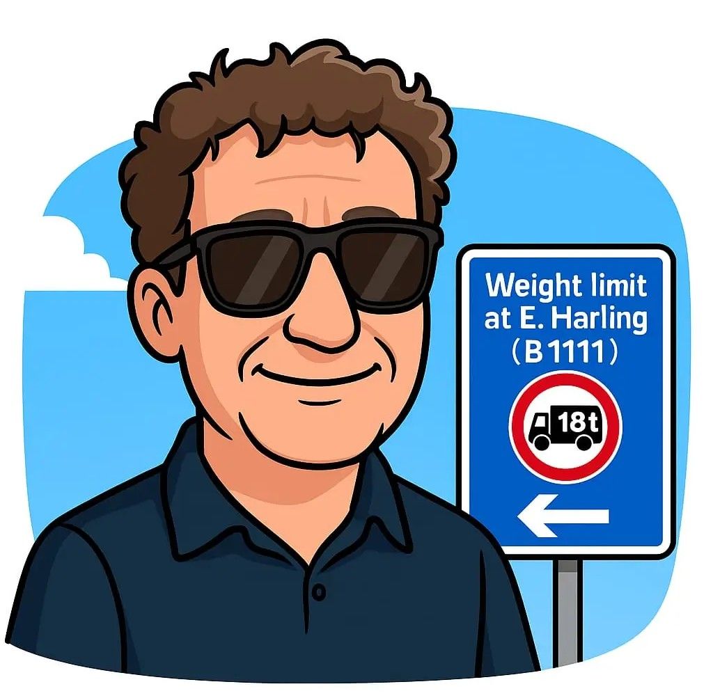 Cartoon image of 'Harling the Trucker' wearing sunglasses near a weight limit sign.