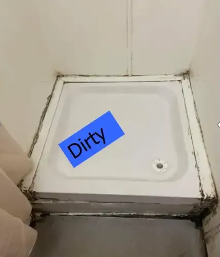 A dirty white shower stall with dark mould around the edges; a blue
