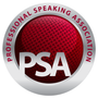 Logo of the Professional Speaking Association (PSA). Red textured sphere with 