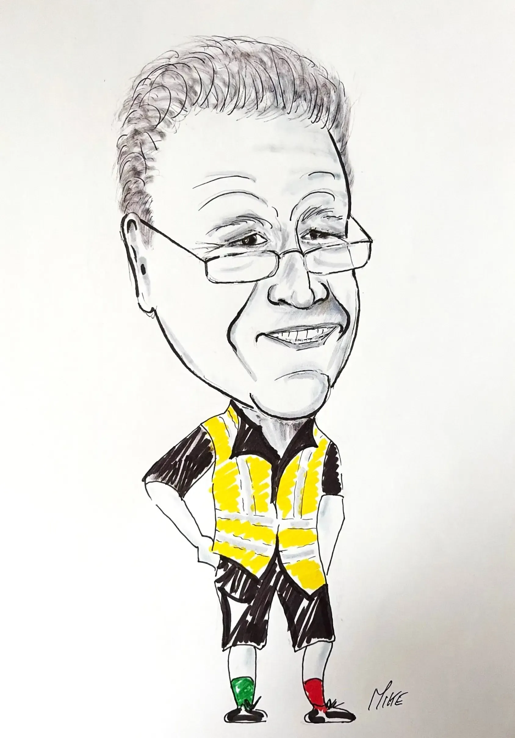 Caricature of 'Harling the Trucker' wearing glasses, yellow vest, shorts, smiling.