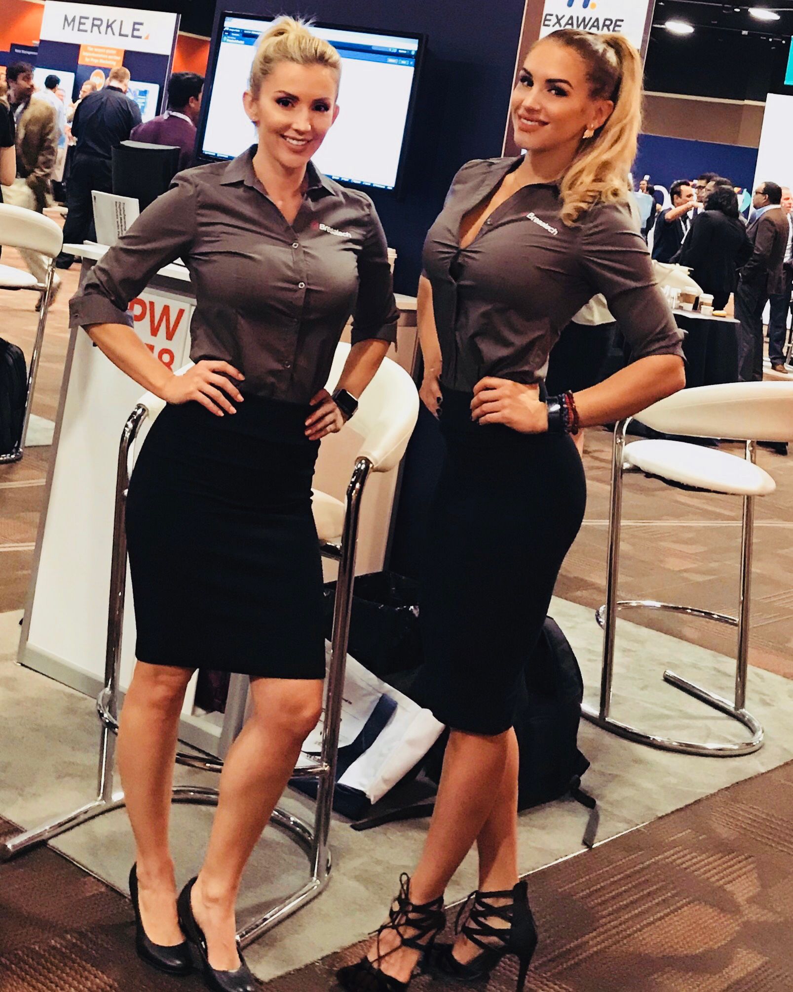 Professional booth models greet attendees art the affiliate summit west trade show in las vegas.