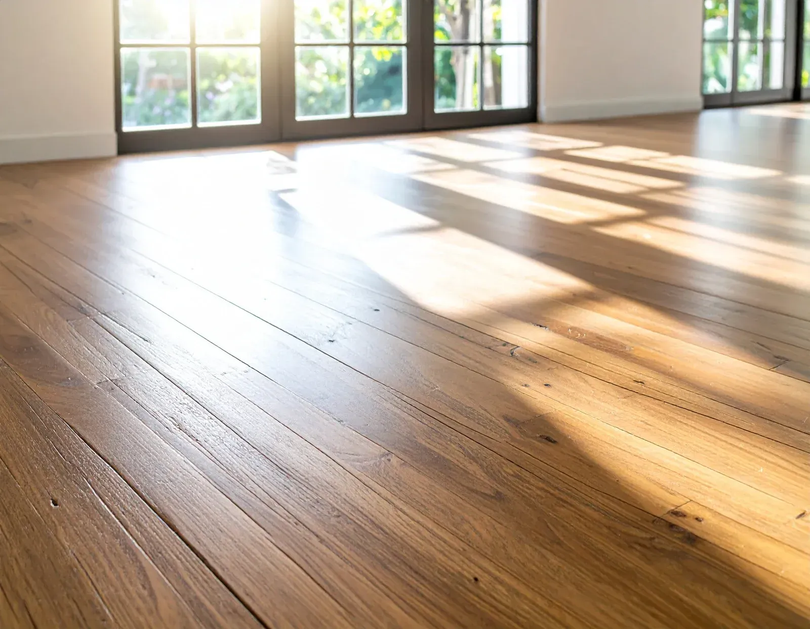 Sunlit hardwood floor with shadows from large windows.