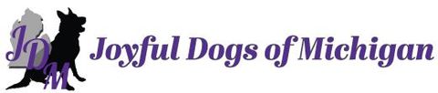 Logo for Joyful Dogs of Michigan: a black dog silhouette and Michigan outline. Purple text.
