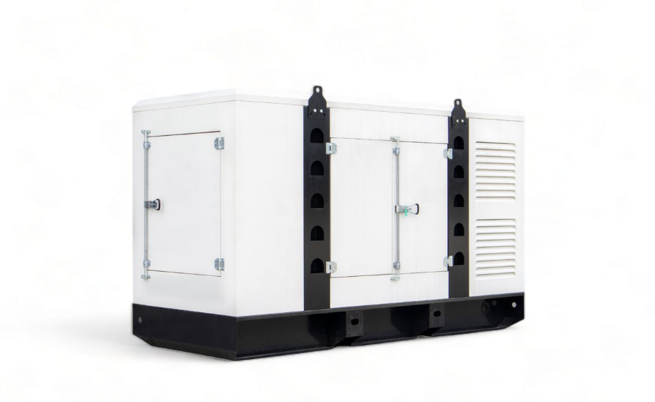 A white and black generator is sitting on a white surface.