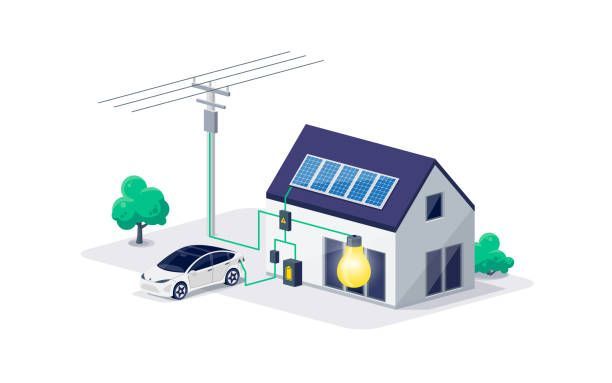 A car is parked in front of a house with solar panels on the roof.