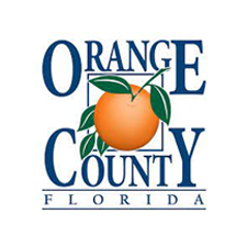 The logo for orange county florida with an orange on it.