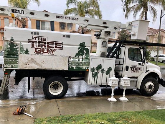 A tree guy truck is parked on the side of the road.