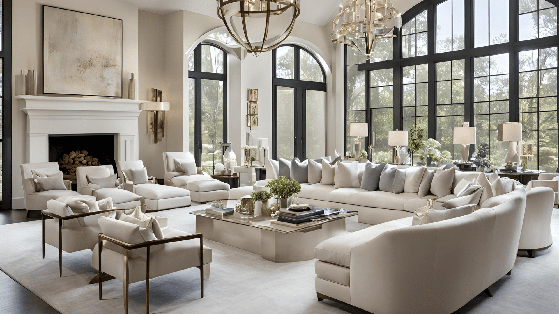 Elegant living room with white furniture, large windows, and chandeliers.