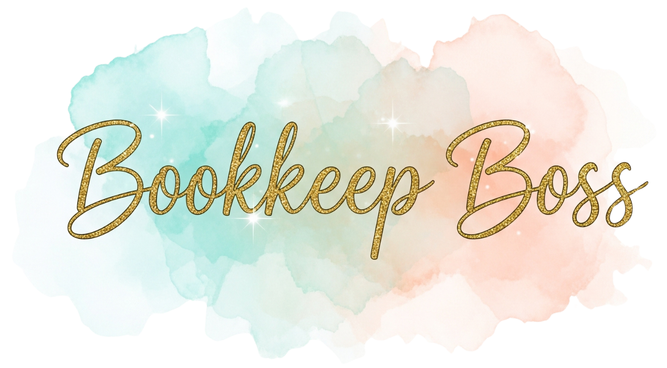 Bookkeep Boss logo in gold script over teal and peach watercolor background.