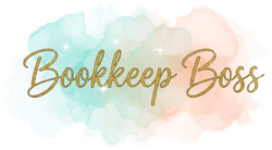 Bookkeep Boss logo in gold script over teal and peach watercolor background.