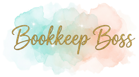 Bookkeep Boss logo in gold script over teal and peach watercolor background.