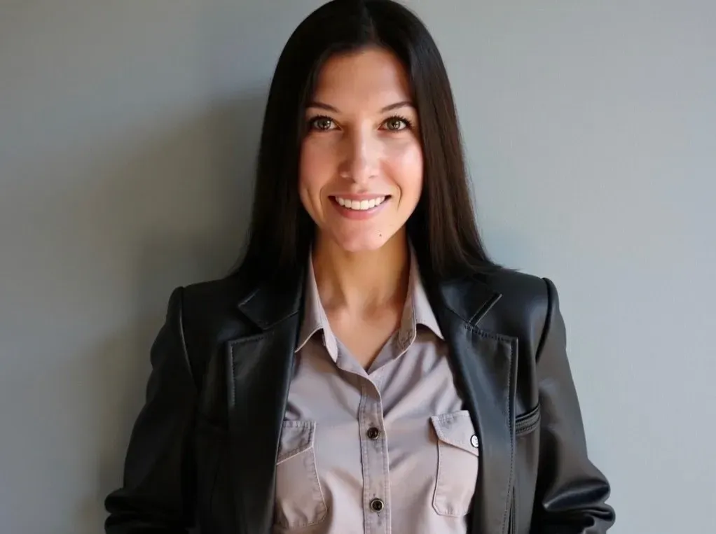 Woman with dark hair smiles, wearing a black jacket over a gray shirt, standing against a gray background.