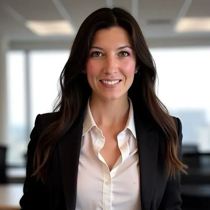Woman with long dark hair in a suit, smiling at the camera in an office setting.