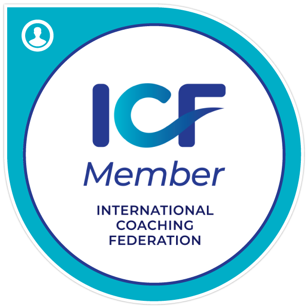 Blue and white ICF Member badge, featuring text