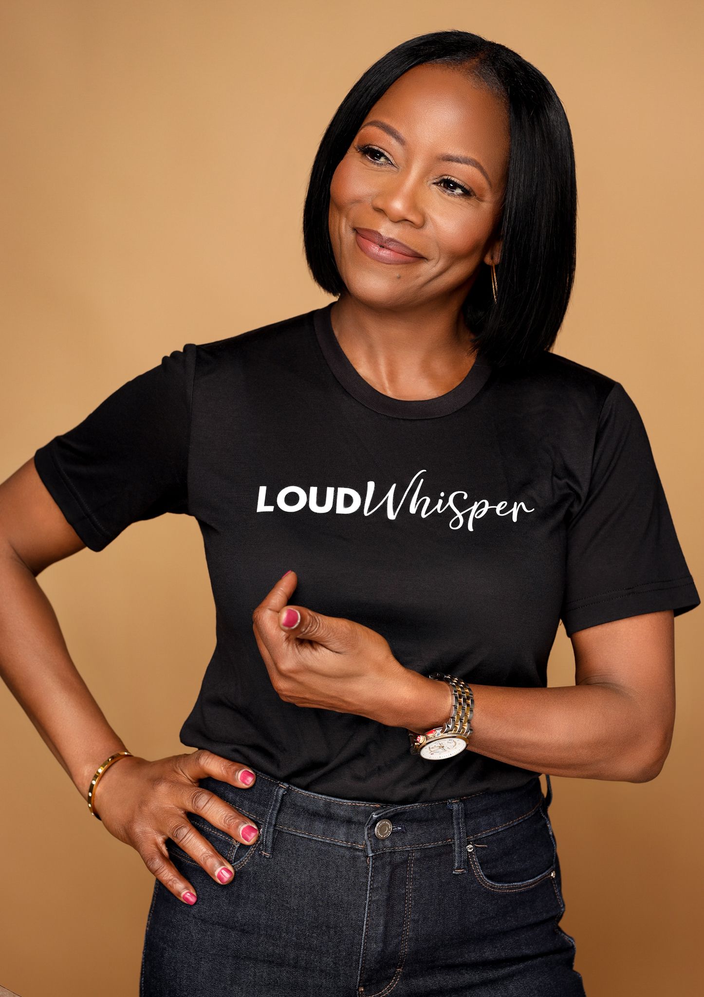 Woman in black t-shirt with