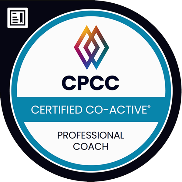 CPCC Certified Co-Active Professional Coach badge. White, teal, black colors. A colorful logo at the top.