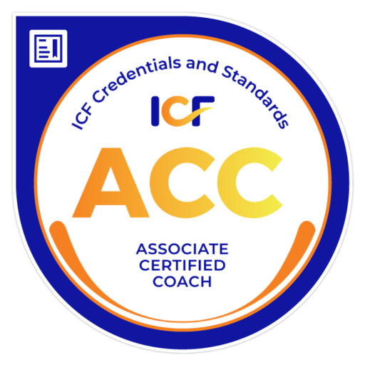 ICF Associate Certified Coach badge: blue and orange, 