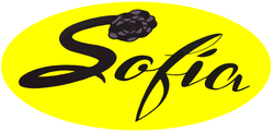 A logo for sofia 's fashion nails with a woman 's hand holding a bottle of nail polish.