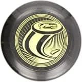 Gray frisbee with a yellow logo, possibly for a disc golf brand.