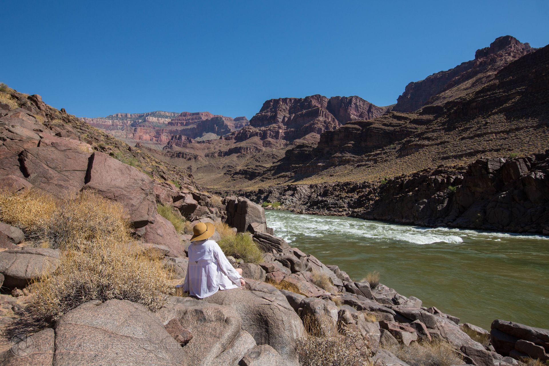 Person sitting on a rock overlooking a rushing river in a canyon.
