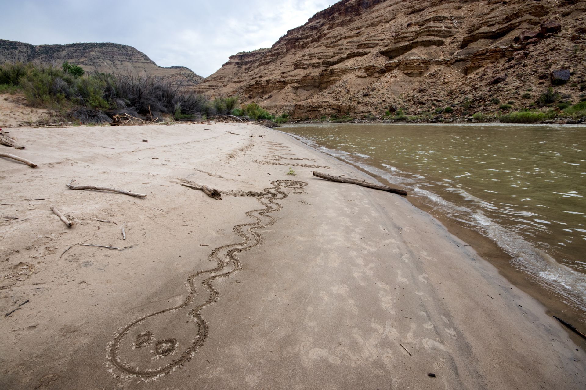 Sandy riverbank with a drawing of a sperm-like shape, with