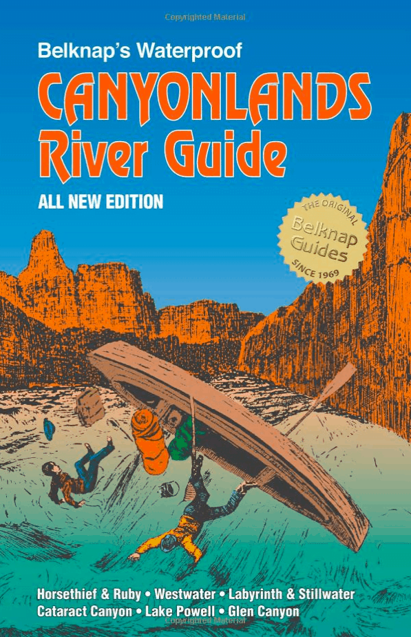 Canyonlands River Guide book cover, with a boat in turquoise water, people falling, and orange rock formations.