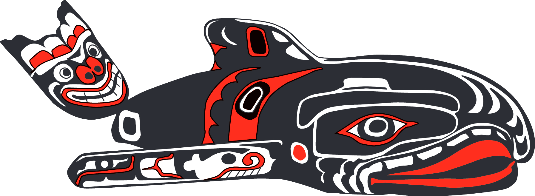 Stylized orca in black, red, and white. Native American art style, depicting a whale.