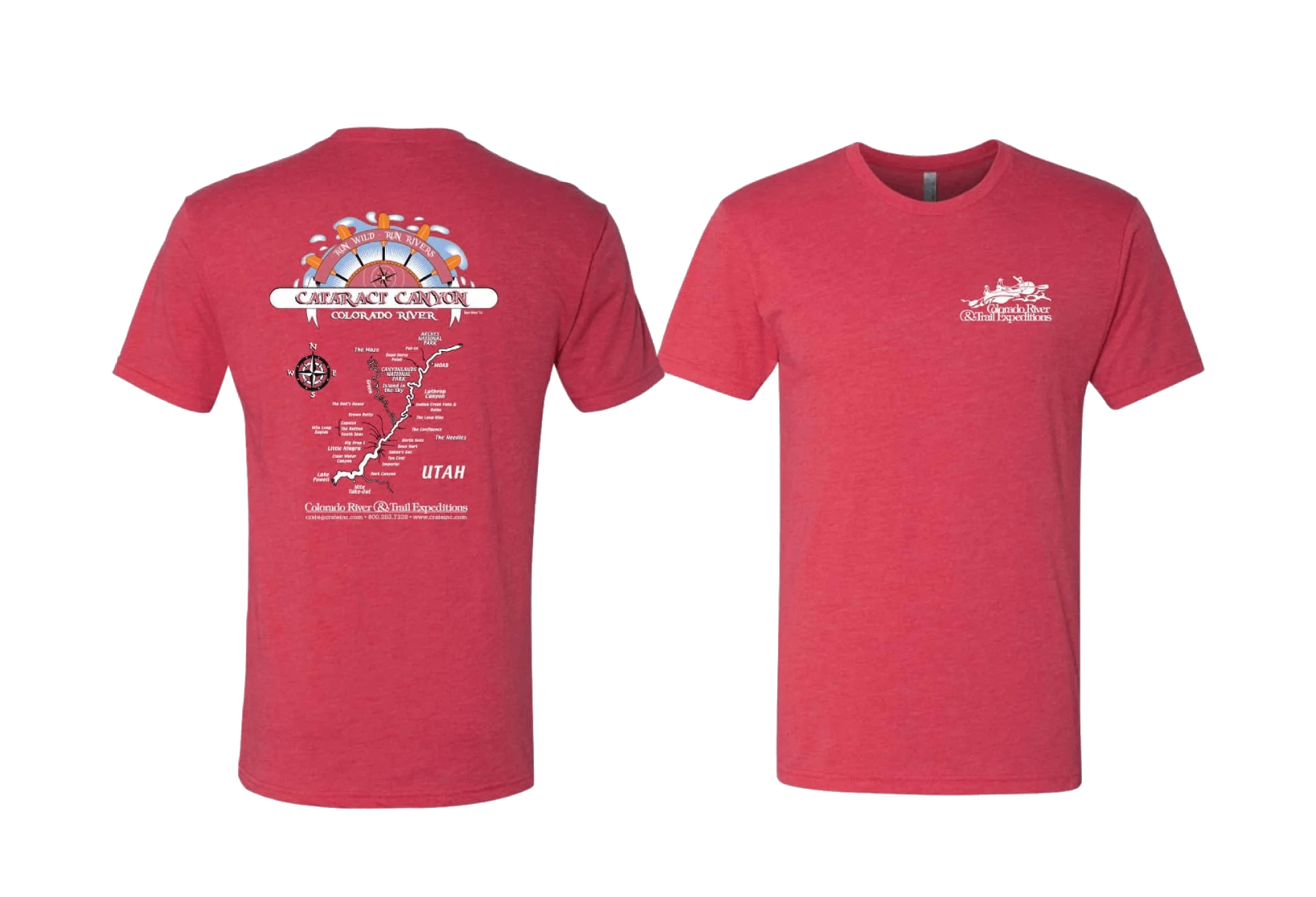 Red t-shirt featuring a back print with a map and text of Saratoga Springs, and a front print with text and skyline.