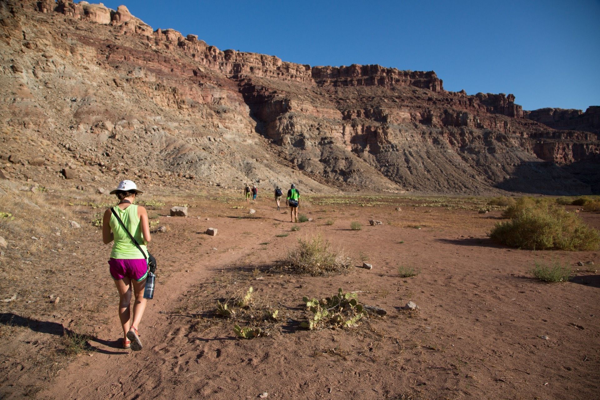 Hikers on a dirt path in a desert landscape with red cliffs under a blue sky.